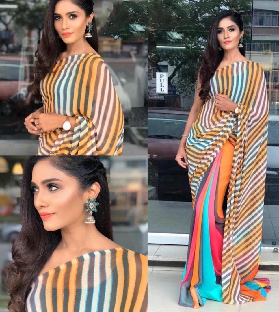 Multi colored strip printed georgette saree