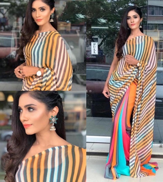 Multi colored strip printed georgette saree