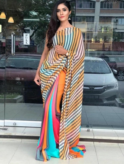 Multi colored strip printed georgette saree