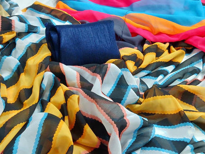 Multi colored strip printed georgette saree