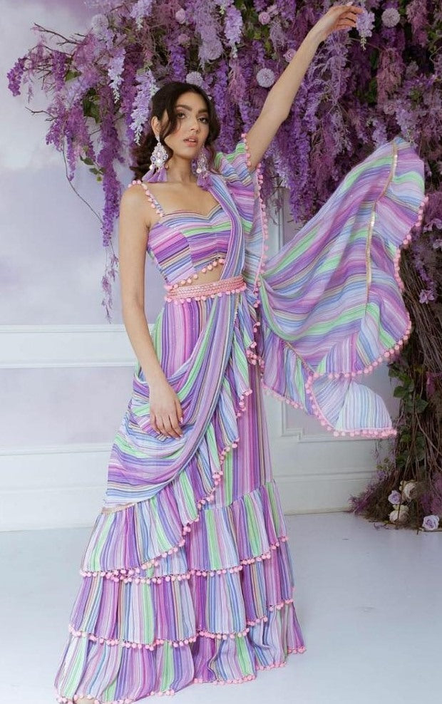 Multi colour heavy georgette ruffle layer work party wear crop top