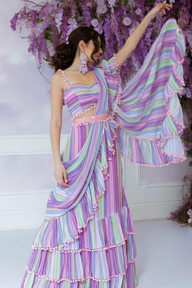 Multi colour heavy georgette ruffle layer work party wear crop top