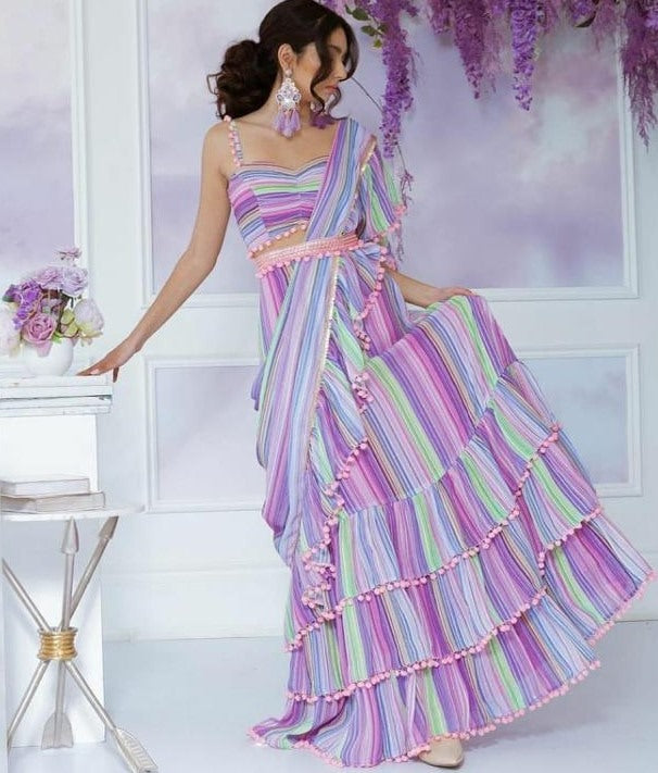 Multi colour heavy georgette ruffle layer work party wear crop top