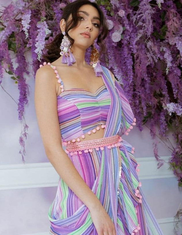 Multi colour heavy georgette ruffle layer work party wear crop top