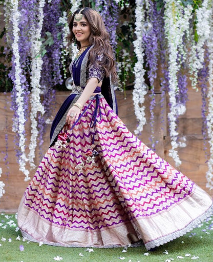 Multi-coloured banarasi silk digital printed lehenga choli
