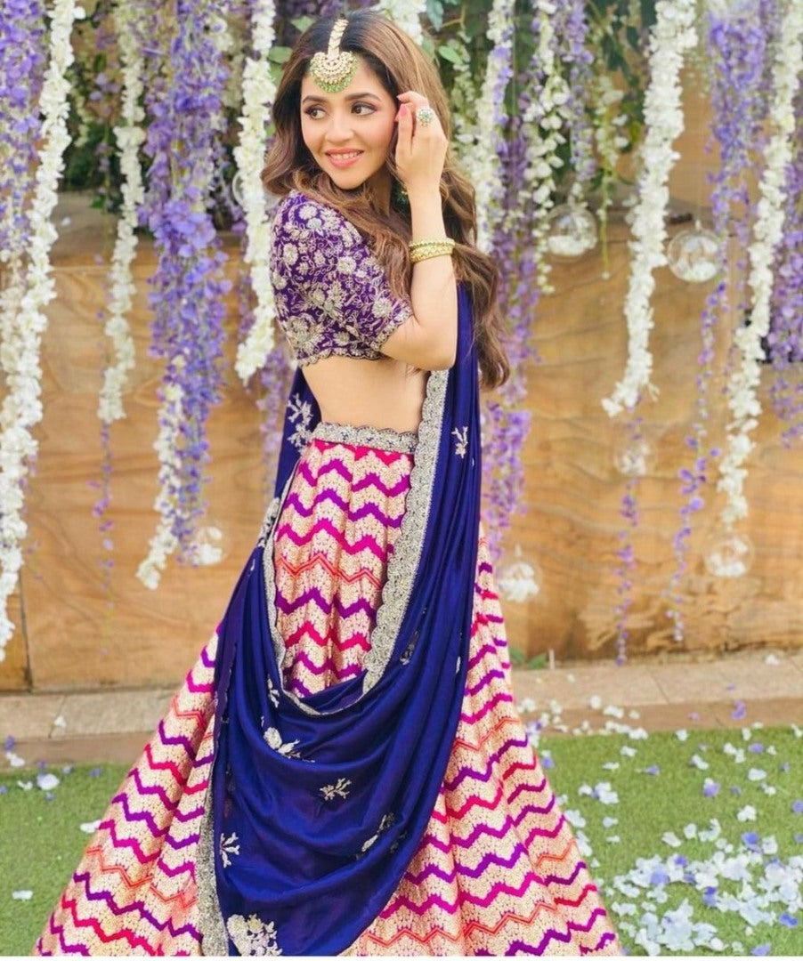 Multi-coloured banarasi silk digital printed lehenga choli