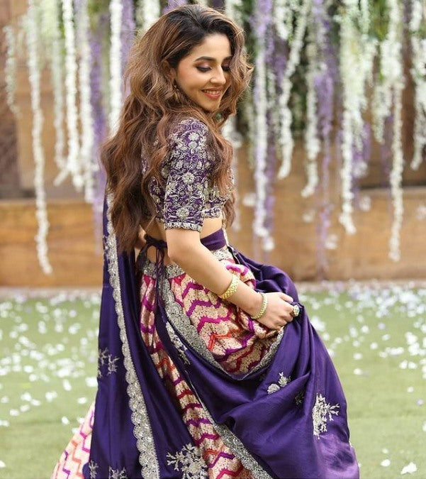 Multi-coloured banarasi silk digital printed lehenga choli