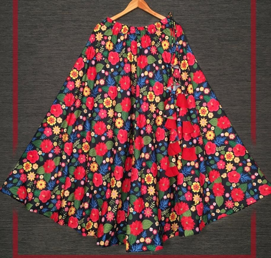 Multi-coloured rayon red flower printed skirt