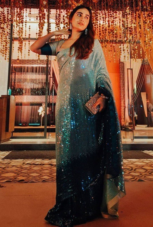 Multi shade green heavy sequence work saree