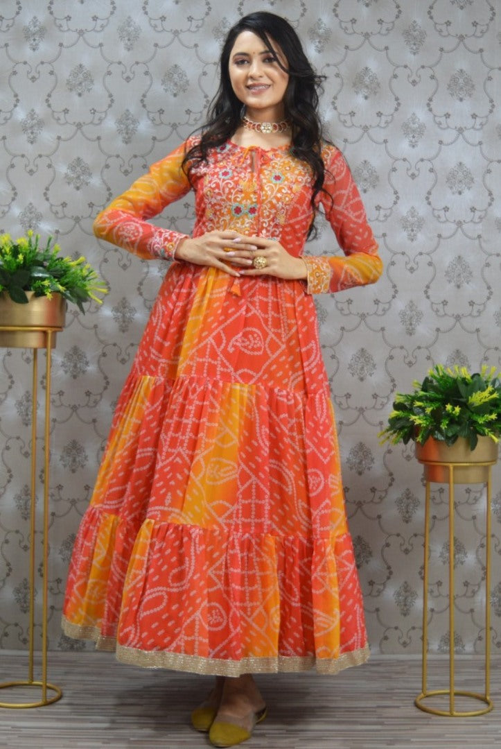Multi shade orange georgette bandhni printed gown
