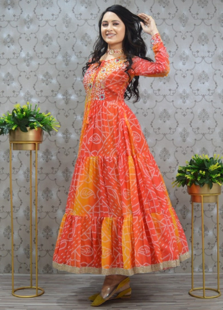Multi shade orange georgette bandhni printed gown