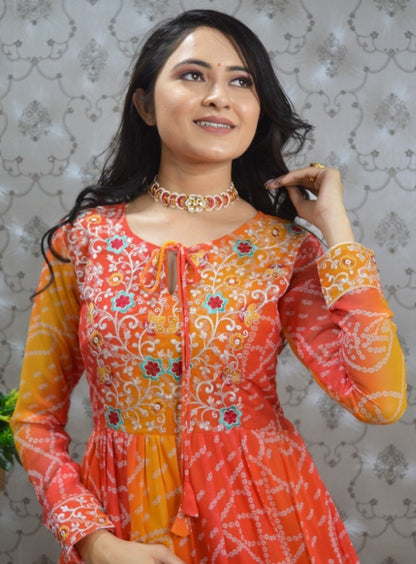 Multi shade orange georgette bandhni printed gown