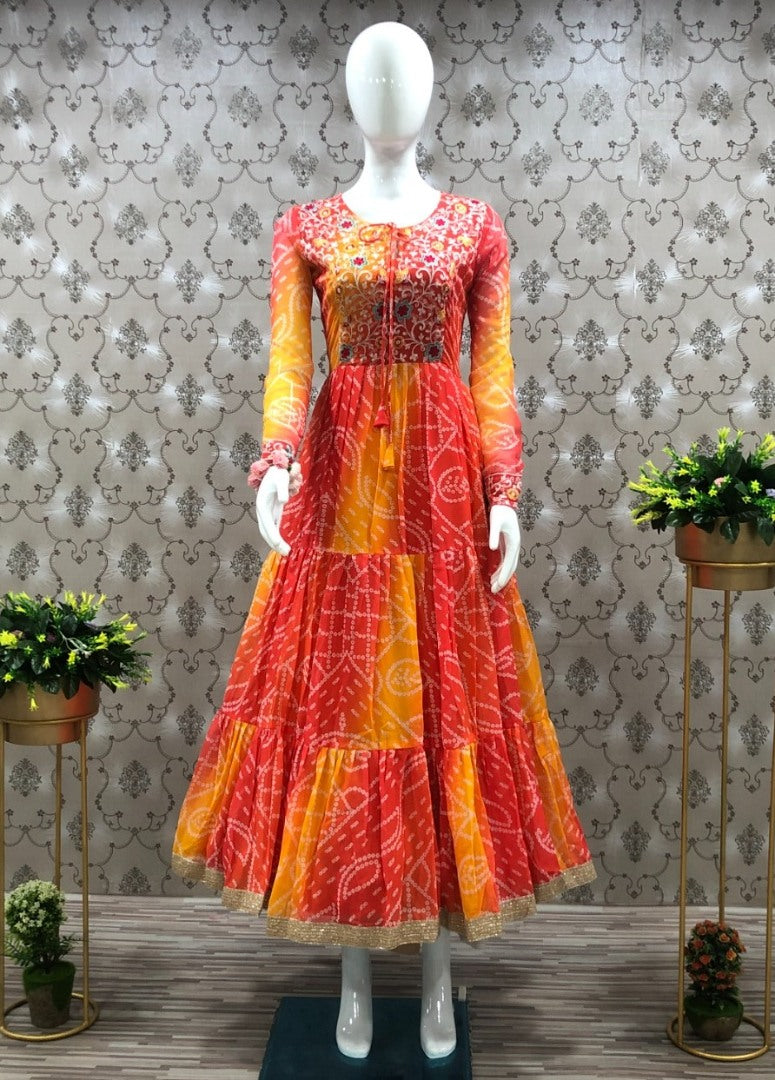 Multi shade orange georgette bandhni printed gown