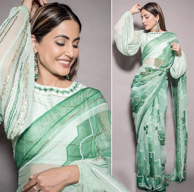 Multi shade pistagreen chinon silk digital printed saree