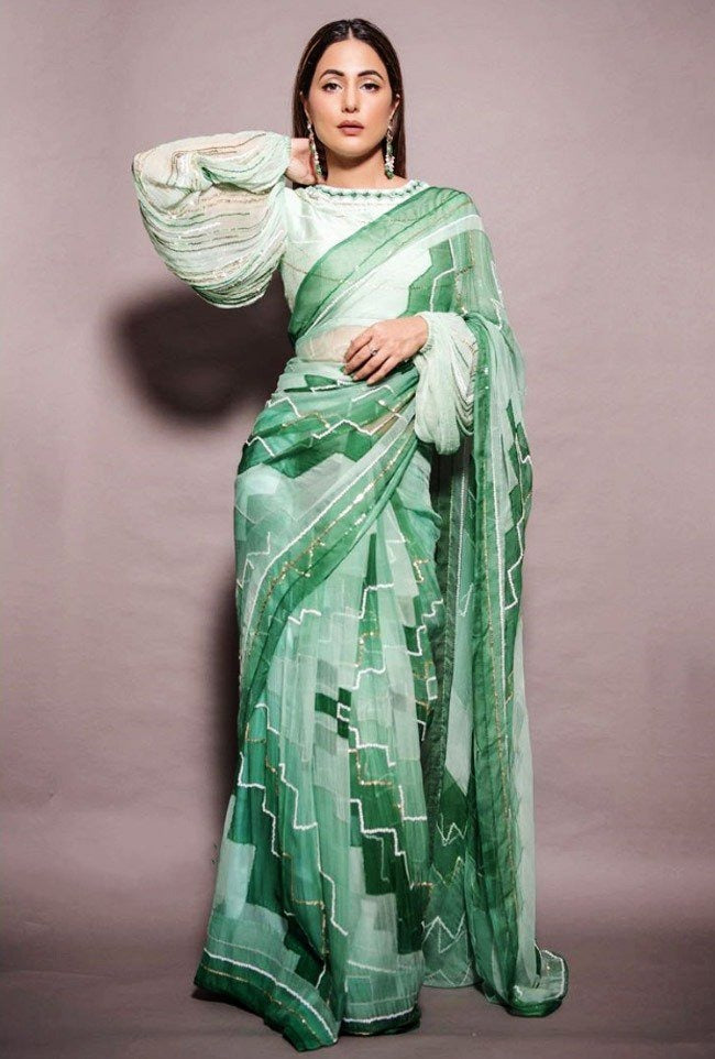 Multi shade pistagreen chinon silk digital printed saree