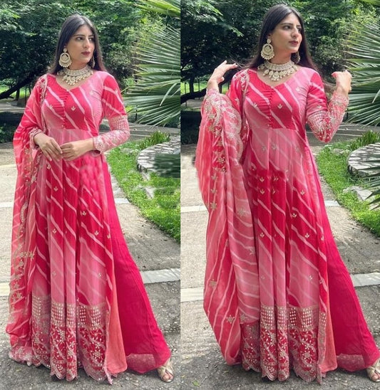 Multi shade red georgette embroidered gown for wedding