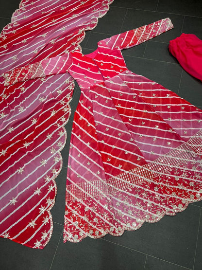 Multi shade red georgette embroidered gown for wedding