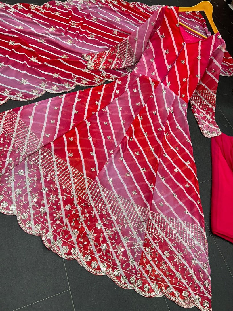 Multi shade red georgette embroidered gown for wedding