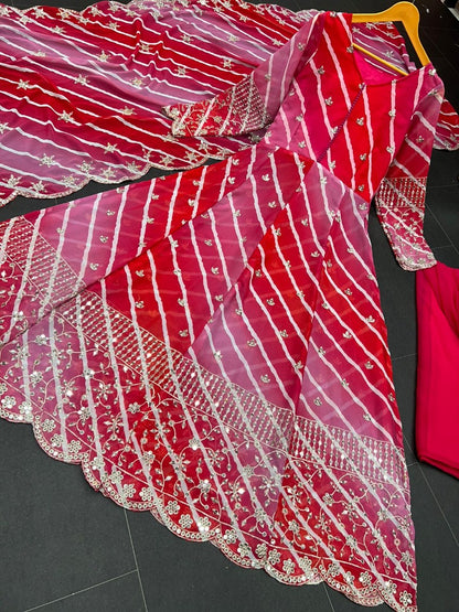 Multi shade red georgette embroidered gown for wedding