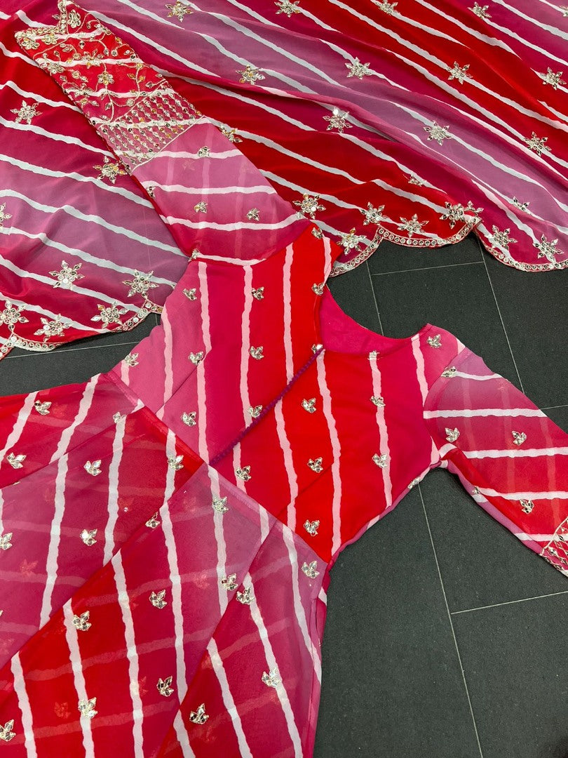 Multi shade red georgette embroidered gown for wedding