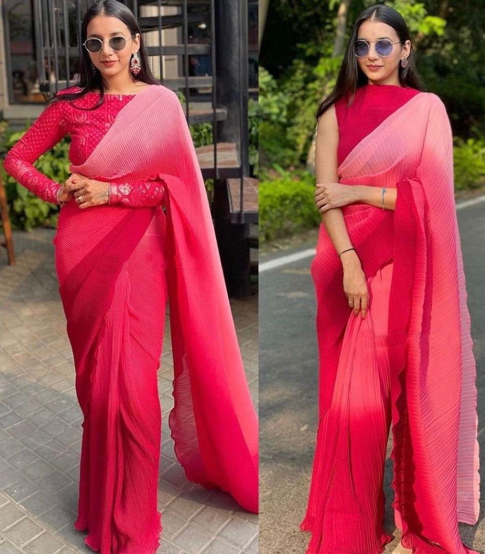 Multi shade red georgette pleated saree with heavy blouse