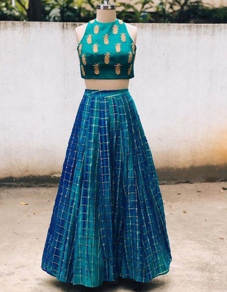 Multi shaded blue taffeta silk printed croptop lehenga