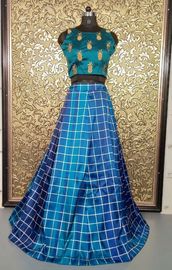 Multi shaded blue taffeta silk printed croptop lehenga