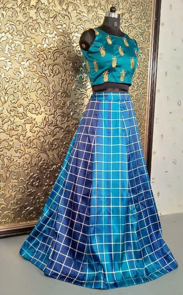 Multi shaded blue taffeta silk printed croptop lehenga