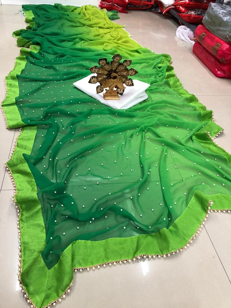 multi shaded green nylon georgette pearl work partywear saree