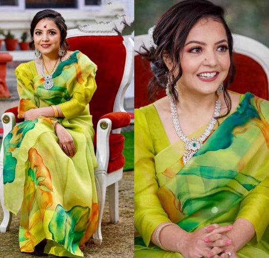 Multi shaded green printed organza saree