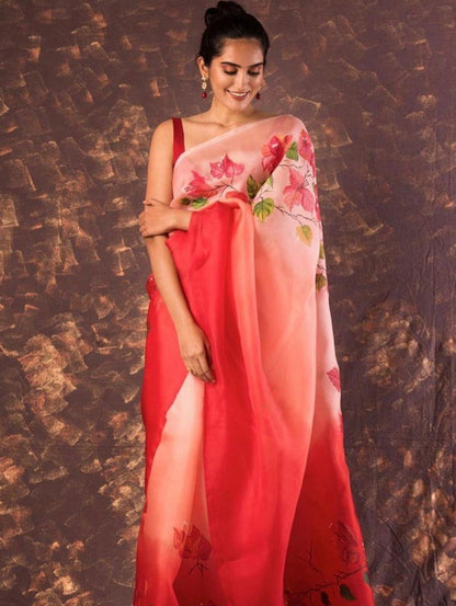 Multi shaded Red flower printed organza saree