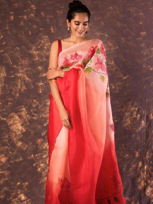 Multi shaded Red flower printed organza saree