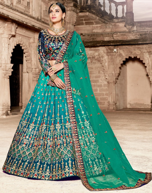 multiclored pure satin heavy embroidered designer bridal lehenga