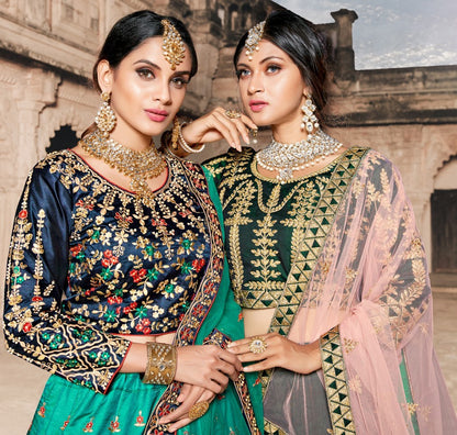 multiclored pure satin heavy embroidered designer bridal lehenga