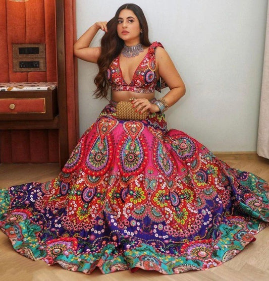 Multicolor banarasi jari gota silk digital printed lehenga choli