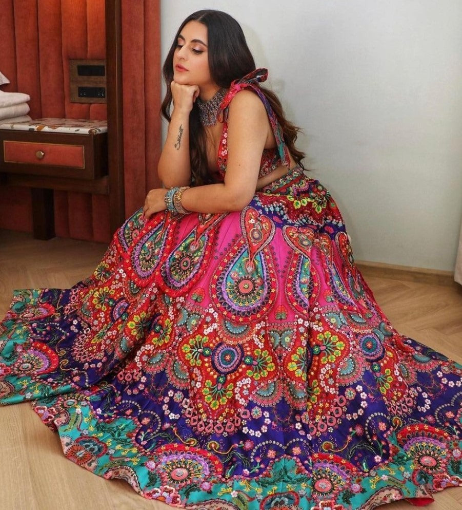 Multicolor banarasi jari gota silk digital printed lehenga choli