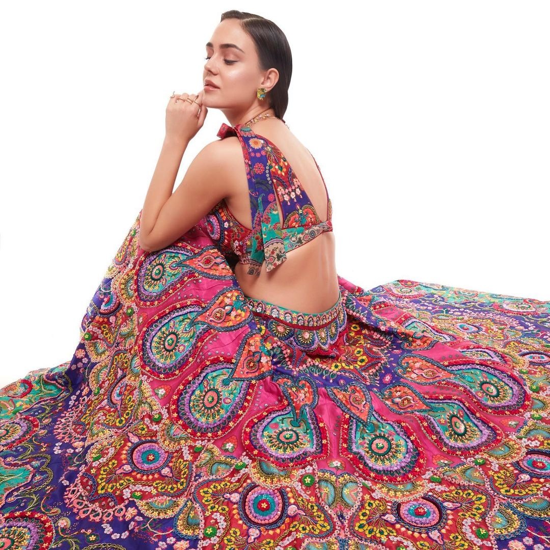 Multicolor banarasi jari gota silk digital printed lehenga choli