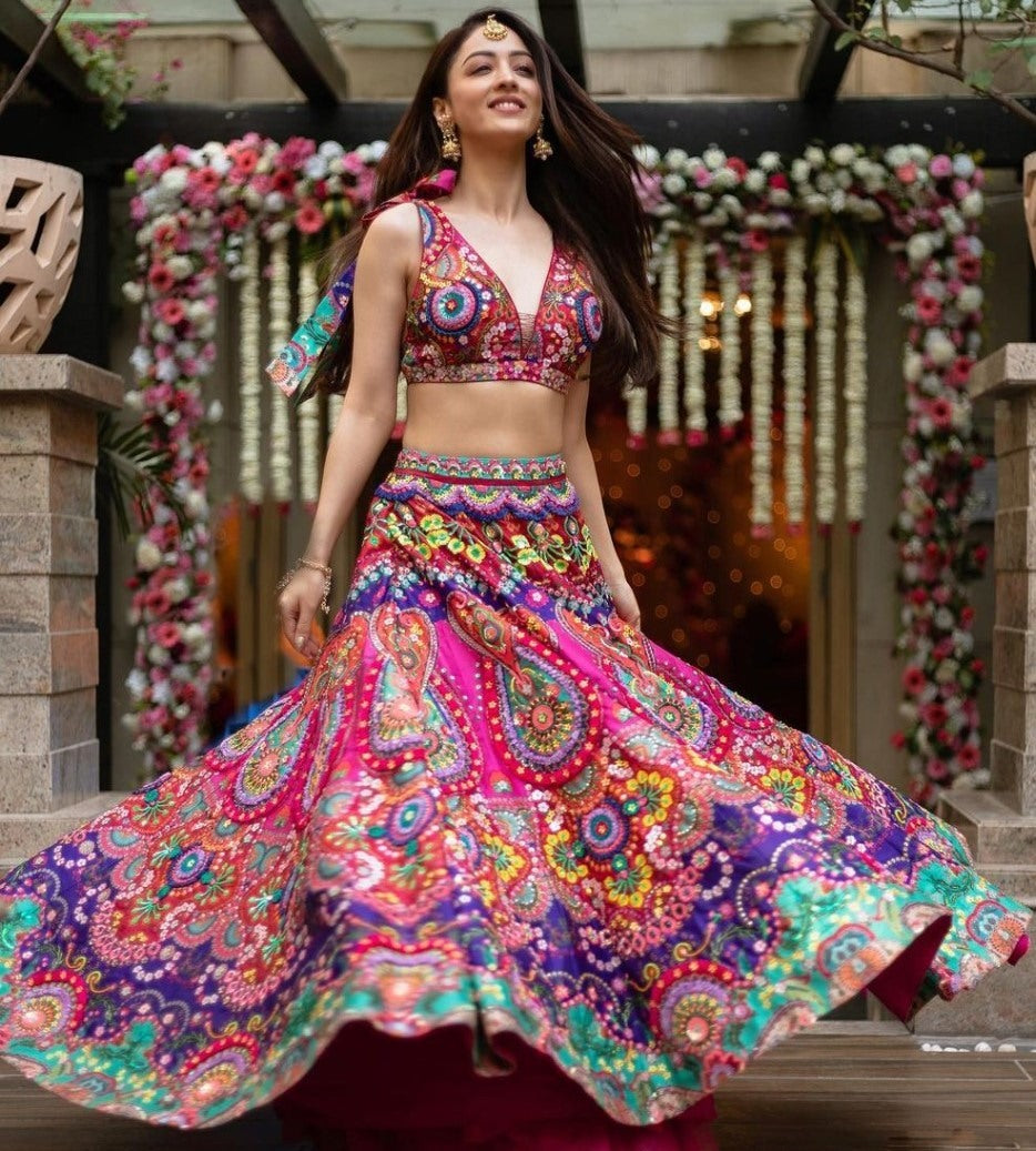 Multicolor banarasi jari gota silk digital printed lehenga choli