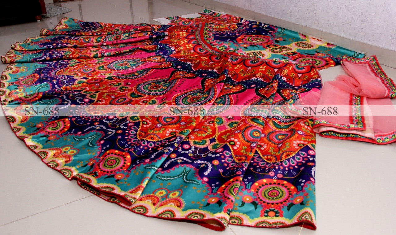 Multicolor banarasi jari gota silk digital printed lehenga choli
