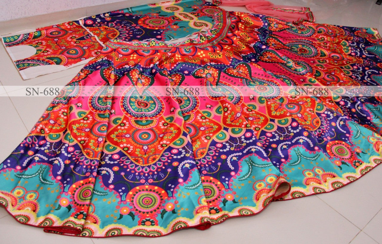 Multicolor banarasi jari gota silk digital printed lehenga choli