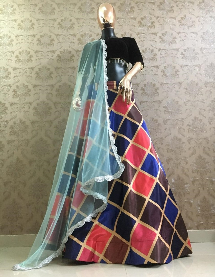 Multicolor box printed zari satin lehenga choli