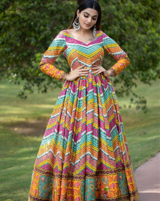 Multicolor butter silk digital printed and mirror work gown