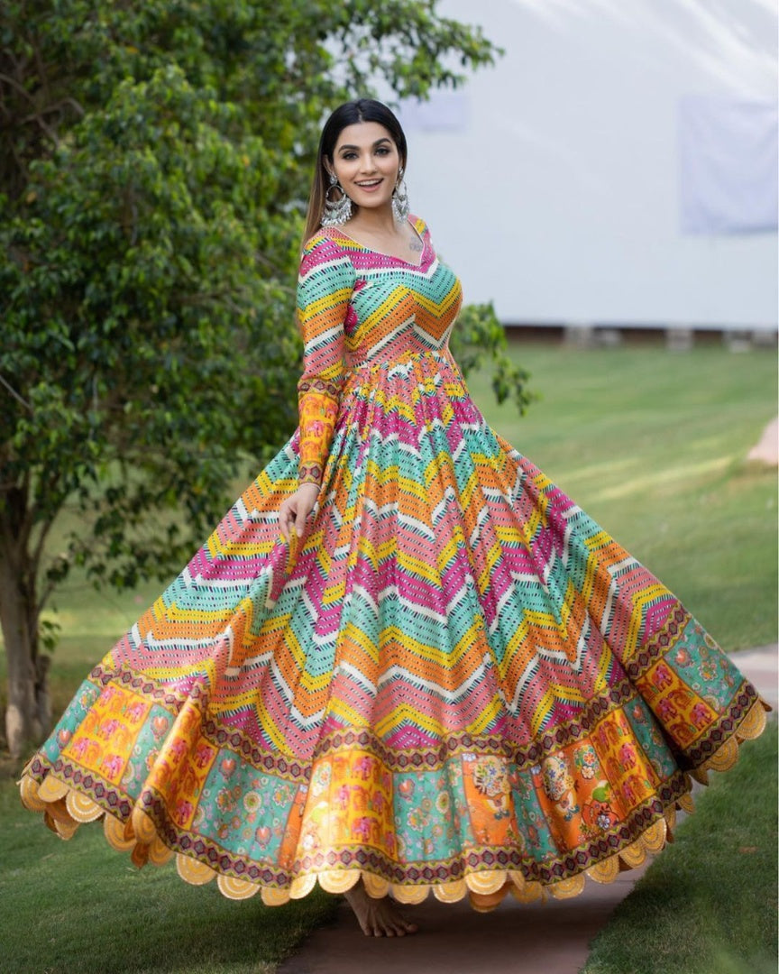 Multicolor butter silk digital printed and mirror work gown