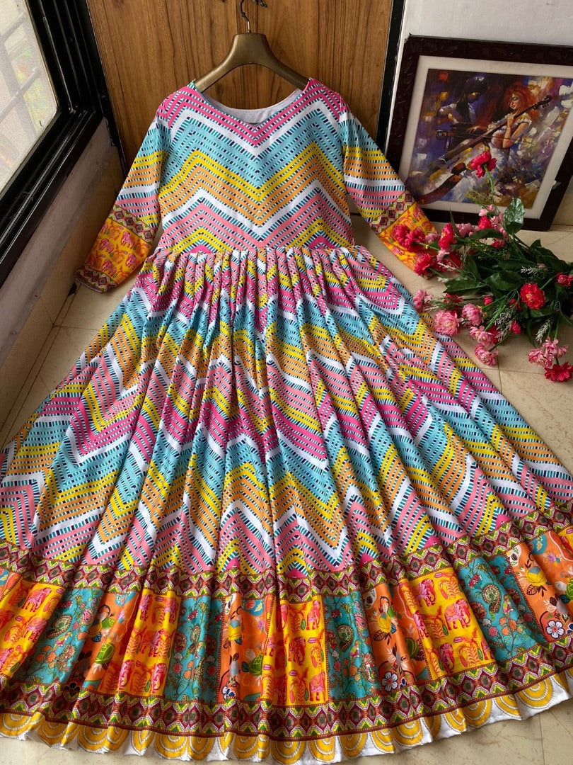 Multicolor butter silk digital printed and mirror work gown