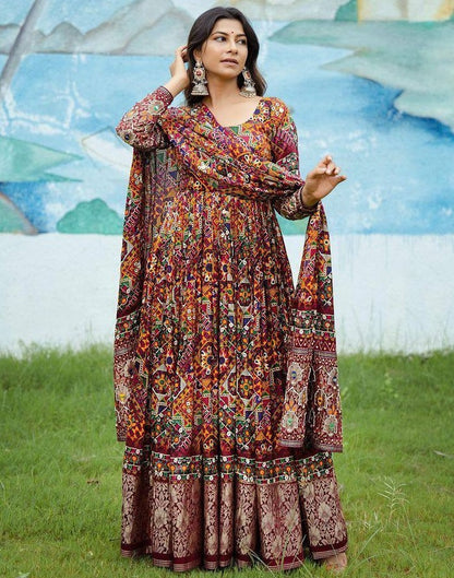 Multicolor butter silk digital printed long festival anarkali gown
