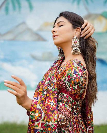 Multicolor butter silk digital printed long festival anarkali gown