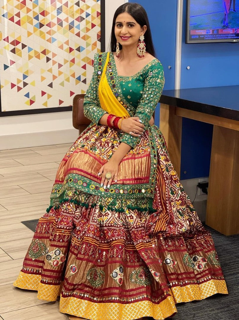 Multicolor butter silk digital printed mirror work navratri festival lehenga choli