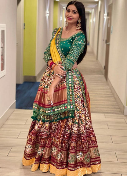 Multicolor butter silk digital printed mirror work navratri festival lehenga choli