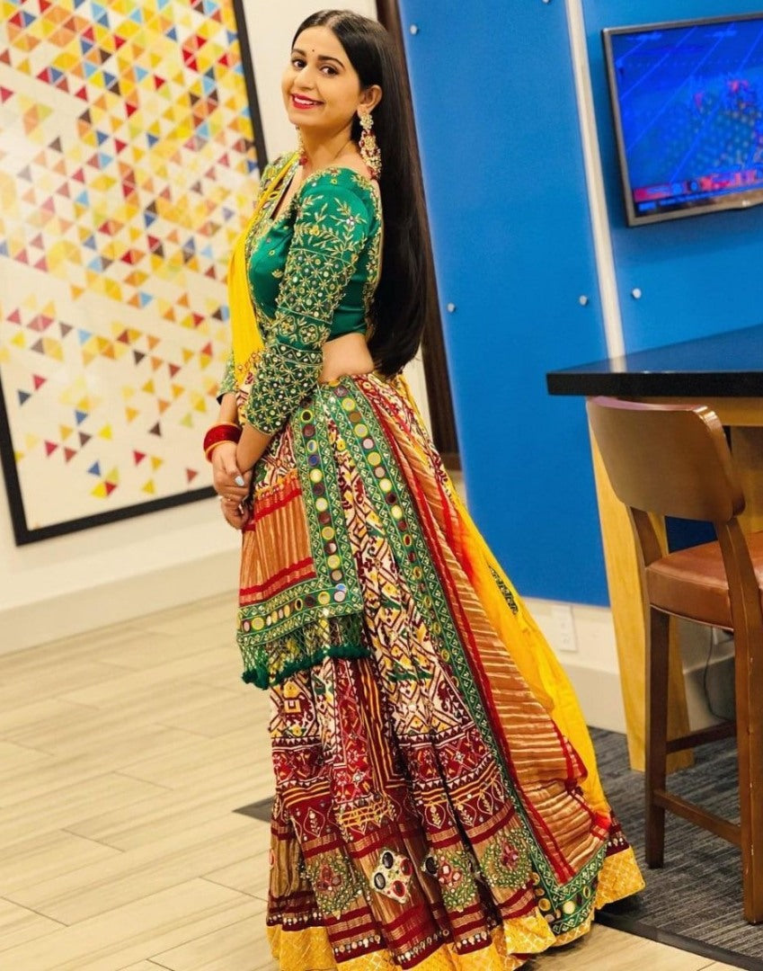 Multicolor butter silk digital printed mirror work navratri festival lehenga choli