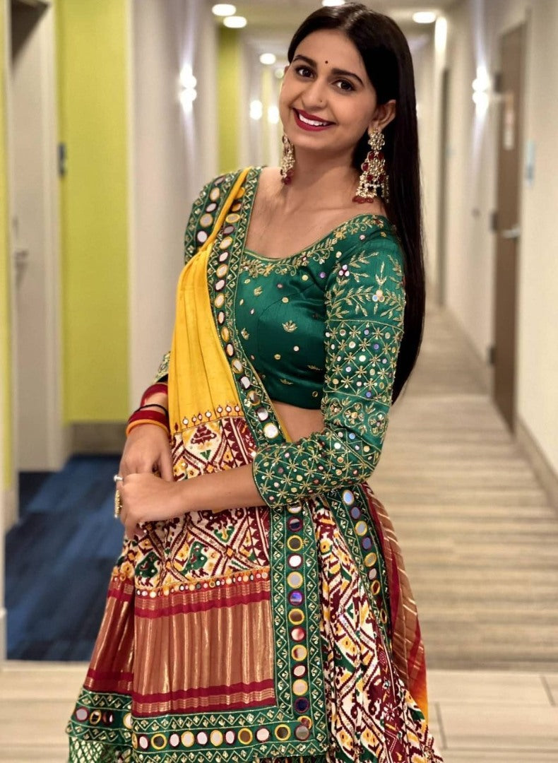 Multicolor butter silk digital printed mirror work navratri festival lehenga choli